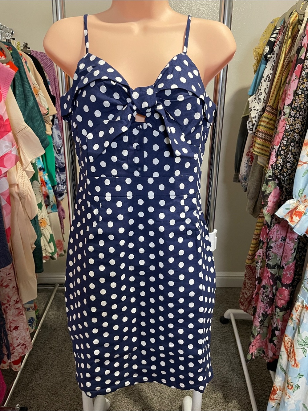 Main Strip Navy and White Polka Dot Tie-Front Mini Dress